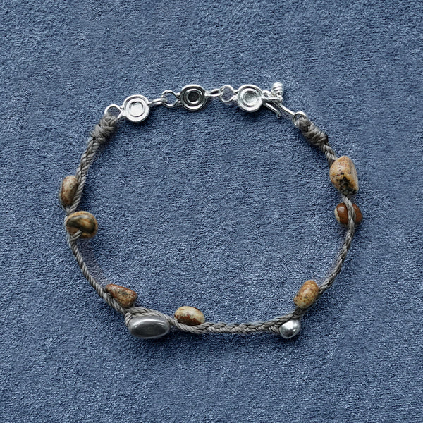 SALE E PEPE Picture Stone Silver Bead Braided Bracelet SEP-SP03A06-ZY Brown/Silver